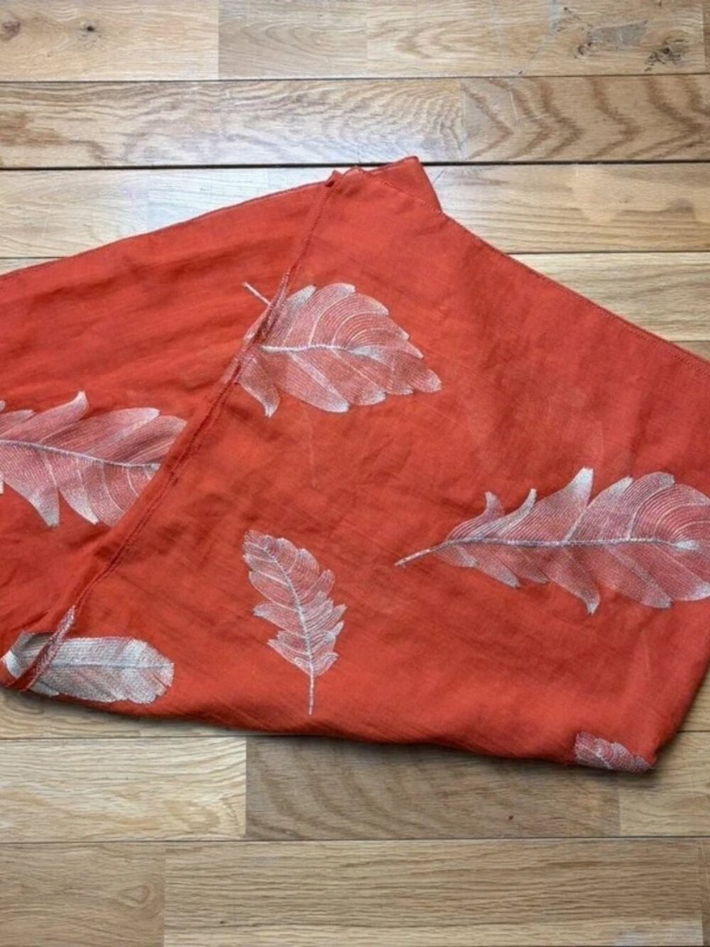 Burnt Orange Feather Print Oversized Scarf Wrap Shimmer Metallic